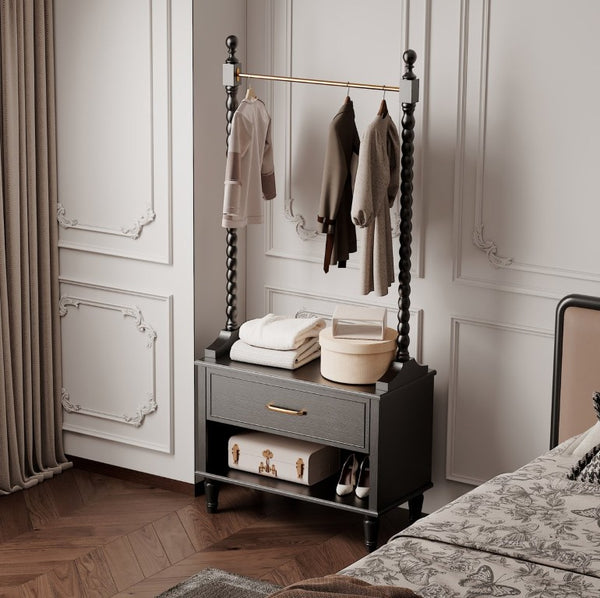 English Elm Clothes Rack Solid Wood Frame Matte Black Finish with Drawers Bedroom Entryway Organizer W3123P543443