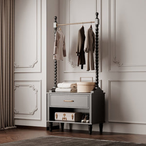 English Elm Clothes Rack Solid Wood Frame Matte Black Finish with Drawers Bedroom Entryway Organizer W3123P543443