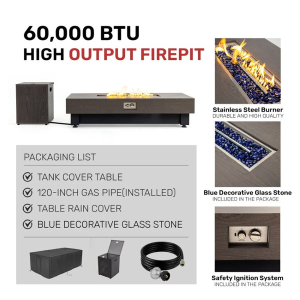 English Elm 60-Inch Rectangular Gas Fire Pit Table Propane Powered Patio Heater with Rain Cover W3131P333699