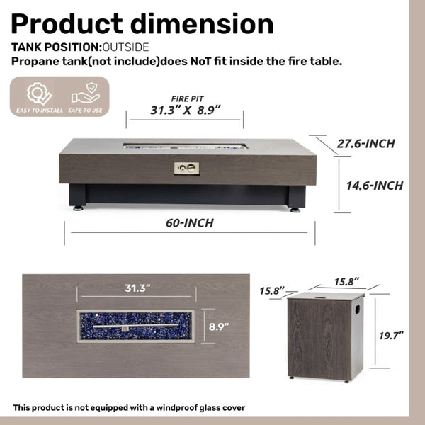 English Elm 60-Inch Rectangular Gas Fire Pit Table Propane Powered Patio Heater with Rain Cover W3131P333699
