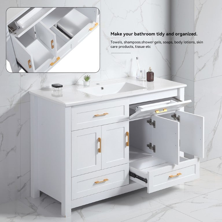 English Elm 48 Inch White Bathroom Vanity with Soft Close Doors and Drawers for Organized Storage W3133P389806