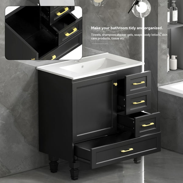 English Elm 30"black Matte Bathroom Vanity with Solid Wood Frame 4 Drawers and Soft Close Doors W3133P395148