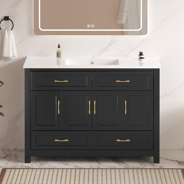 English Elm 48 Inch Matte Black Bathroom Vanity with Resin Basin 4 Soft Close Doors and Drawers W3133S00029