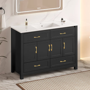 English Elm 48 Inch Matte Black Bathroom Vanity with Resin Basin 4 Soft Close Doors and Drawers W3133S00029