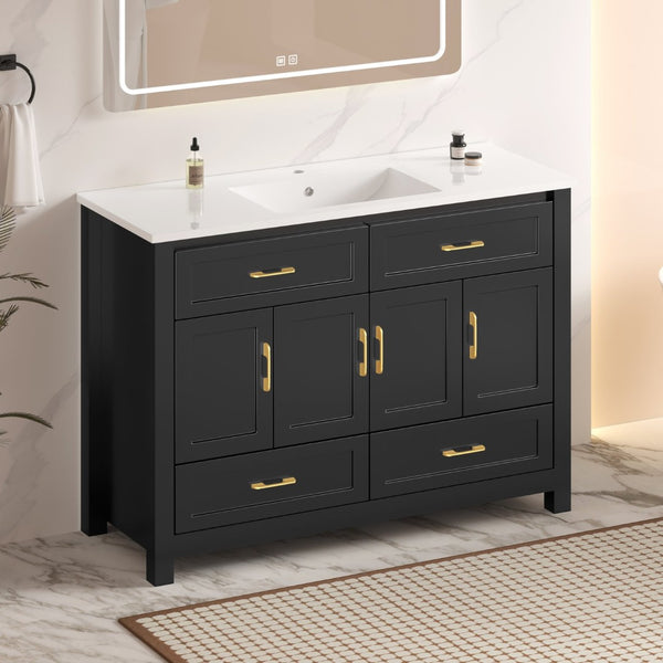English Elm 48 Inch Matte Black Bathroom Vanity with Resin Basin 4 Soft Close Doors and Drawers W3133S00029