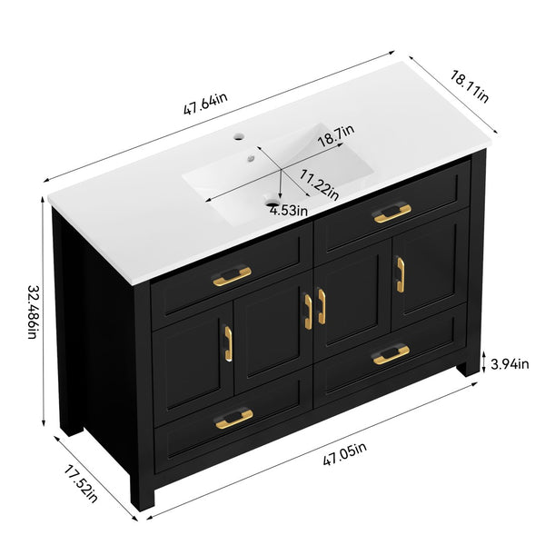 English Elm 48 Inch Matte Black Bathroom Vanity with Resin Basin 4 Soft Close Doors and Drawers W3133S00029