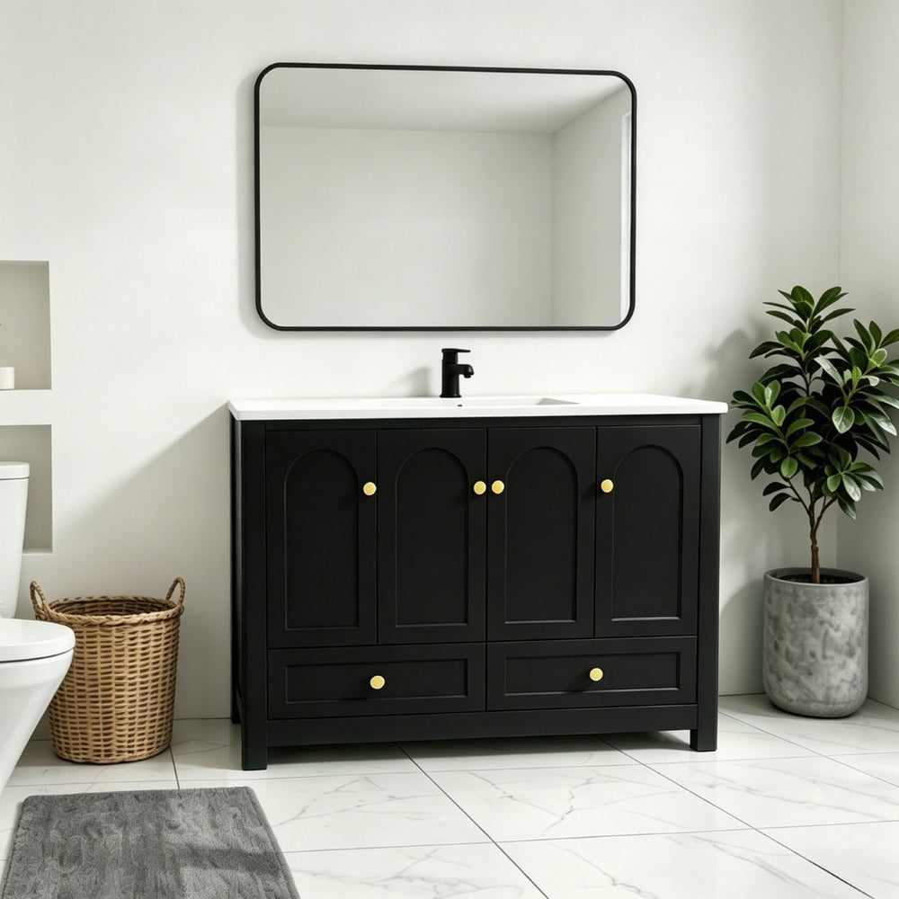 English Elm 48" Matte Black Bathroom Vanity Integrated Resin Sink Six Soft Close Storage Doors W3133S00031