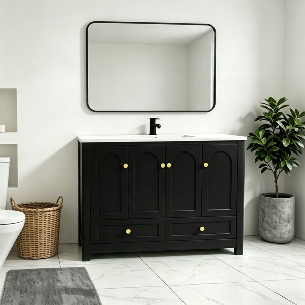 English Elm 48" Matte Black Bathroom Vanity Integrated Resin Sink Six Soft Close Storage Doors W3133S00031