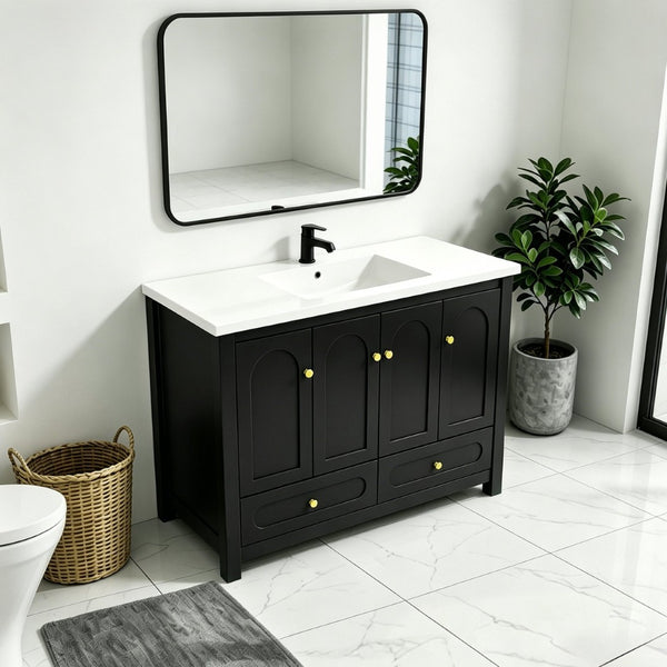 English Elm 48" Matte Black Bathroom Vanity Integrated Resin Sink Six Soft Close Storage Doors W3133S00031