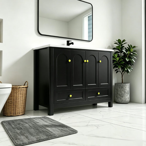 English Elm 48" Matte Black Bathroom Vanity Integrated Resin Sink Six Soft Close Storage Doors W3133S00031
