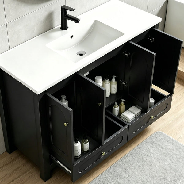 English Elm 48" Matte Black Bathroom Vanity Integrated Resin Sink Six Soft Close Storage Doors W3133S00031