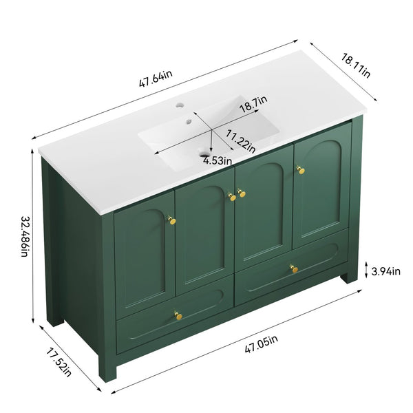 English Elm 48" Green Mdf Bathroom Vanity with Integrated Resin Basin and Soft Close Storage W3133S00033