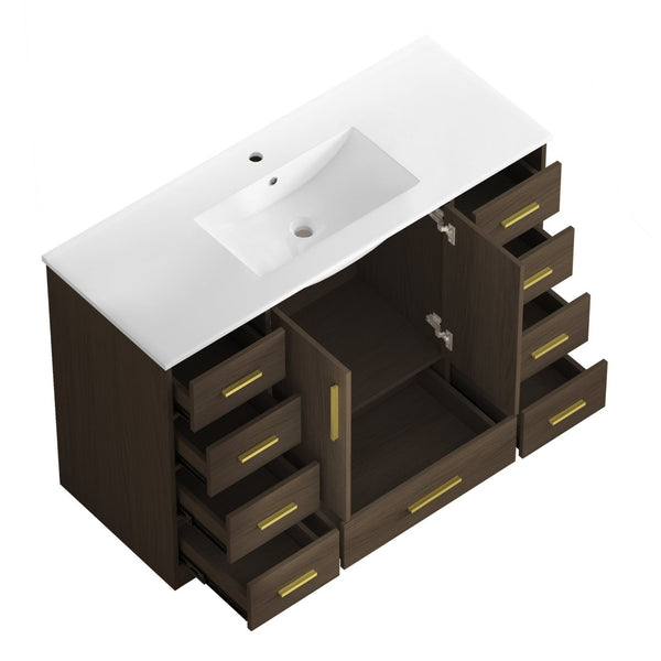 English Elm 48Dark Brown Bathroom Vanity with 9 Drawers and 2 Soft Close Doors for Organized Storage W3133S00034
