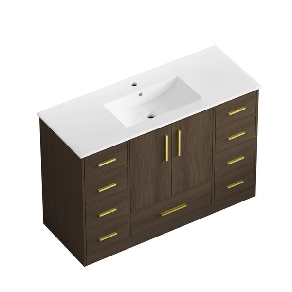 English Elm 48Dark Brown Bathroom Vanity with 9 Drawers and 2 Soft Close Doors for Organized Storage W3133S00034
