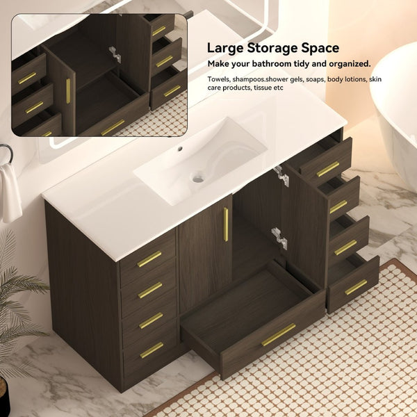 English Elm 48Dark Brown Bathroom Vanity with 9 Drawers and 2 Soft Close Doors for Organized Storage W3133S00034