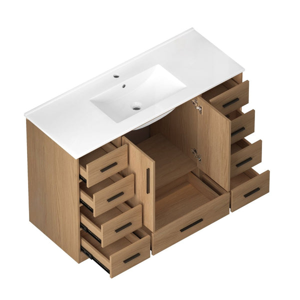 English Elm 48Light Oak Bathroom Vanity with 9 Drawers and Soft Close Doors for Organized Storage W3133S00035