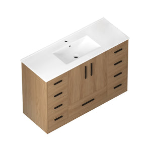 English Elm 48Light Oak Bathroom Vanity with 9 Drawers and Soft Close Doors for Organized Storage W3133S00035