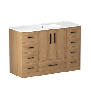 English Elm 48Light Oak Bathroom Vanity with 9 Drawers and Soft Close Doors for Organized Storage W3133S00035