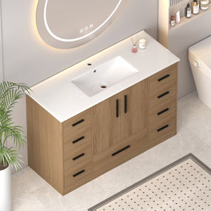 English Elm 48Light Oak Bathroom Vanity with 9 Drawers and Soft Close Doors for Organized Storage W3133S00035