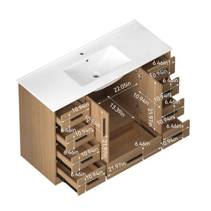 English Elm 48Light Oak Bathroom Vanity with 9 Drawers and Soft Close Doors for Organized Storage W3133S00035