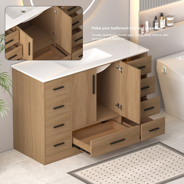 English Elm 48Light Oak Bathroom Vanity with 9 Drawers and Soft Close Doors for Organized Storage W3133S00035