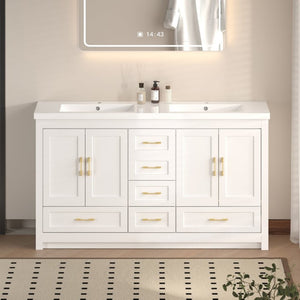 English Elm 60Black Bathroom Vanity Solid Wood MDF Matte Finish 4 Soft Close Doors 6 Drawers White W3133S00036