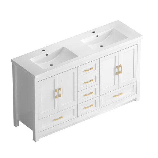 English Elm 60Black Bathroom Vanity Solid Wood MDF Matte Finish 4 Soft Close Doors 6 Drawers White W3133S00036