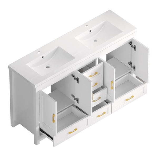 English Elm 60Black Bathroom Vanity Solid Wood MDF Matte Finish 4 Soft Close Doors 6 Drawers White W3133S00036