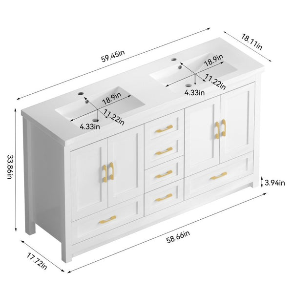 English Elm 60Black Bathroom Vanity Solid Wood MDF Matte Finish 4 Soft Close Doors 6 Drawers White W3133S00036