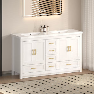 English Elm 60Black Bathroom Vanity Solid Wood MDF Matte Finish 4 Soft Close Doors 6 Drawers White W3133S00036