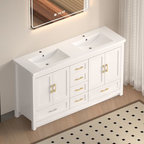English Elm 60Black Bathroom Vanity Solid Wood MDF Matte Finish 4 Soft Close Doors 6 Drawers White W3133S00036