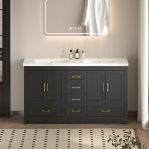 English Elm 60Black Bathroom Vanity Solid Wood MDF Matte Finish 4 Soft Close Doors 6 Drawers Black W3133S00037