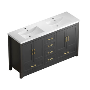 English Elm 60Black Bathroom Vanity Solid Wood MDF Matte Finish 4 Soft Close Doors 6 Drawers Black W3133S00037