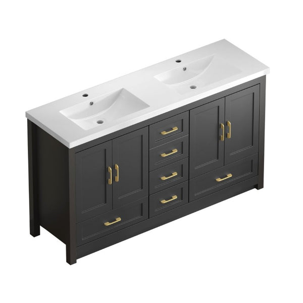 English Elm 60Black Bathroom Vanity Solid Wood MDF Matte Finish 4 Soft Close Doors 6 Drawers Black W3133S00037