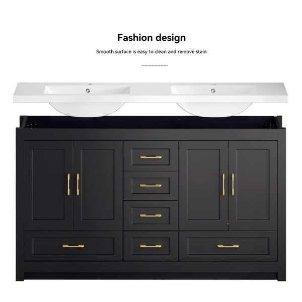 English Elm 60Black Bathroom Vanity Solid Wood MDF Matte Finish 4 Soft Close Doors 6 Drawers Black W3133S00037