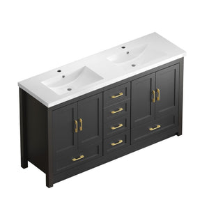 English Elm 60Black Bathroom Vanity Solid Wood MDF Matte Finish 4 Soft Close Doors 6 Drawers Black W3133S00037