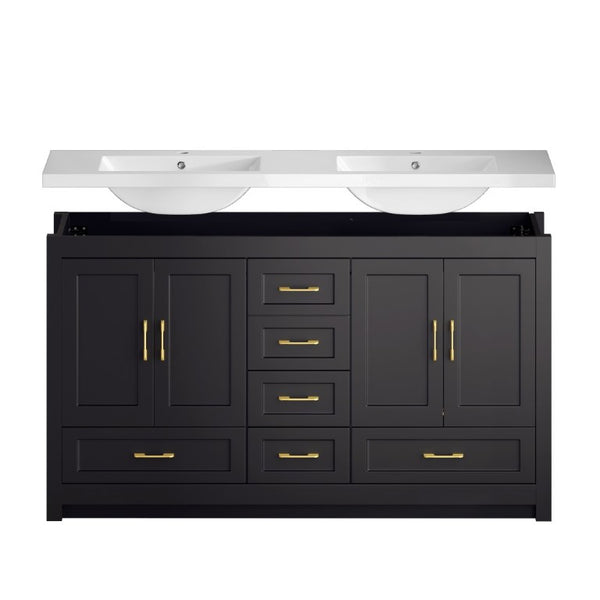 English Elm 60Black Bathroom Vanity Solid Wood MDF Matte Finish 4 Soft Close Doors 6 Drawers Black W3133S00037