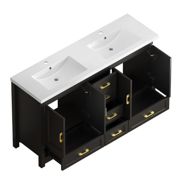 English Elm 60Black Bathroom Vanity Solid Wood MDF Matte Finish 4 Soft Close Doors 6 Drawers Black W3133S00037