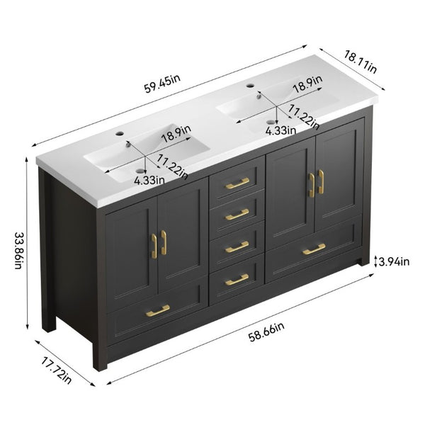English Elm 60Black Bathroom Vanity Solid Wood MDF Matte Finish 4 Soft Close Doors 6 Drawers Black W3133S00037