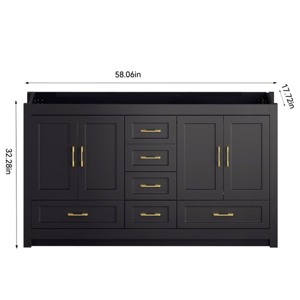 English Elm 60Black Bathroom Vanity Solid Wood MDF Matte Finish 4 Soft Close Doors 6 Drawers Black W3133S00037