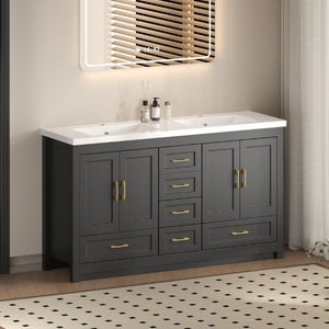 English Elm 60Black Bathroom Vanity Solid Wood MDF Matte Finish 4 Soft Close Doors 6 Drawers Black W3133S00037