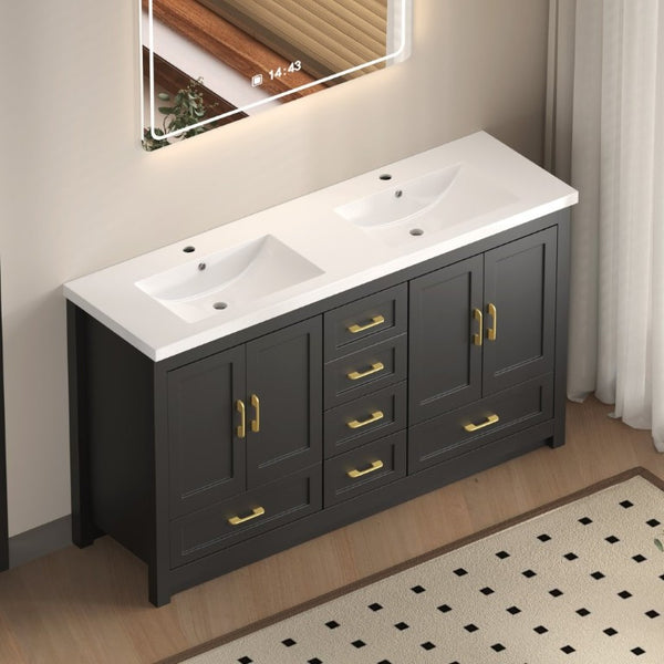 English Elm 60Black Bathroom Vanity Solid Wood MDF Matte Finish 4 Soft Close Doors 6 Drawers Black W3133S00037