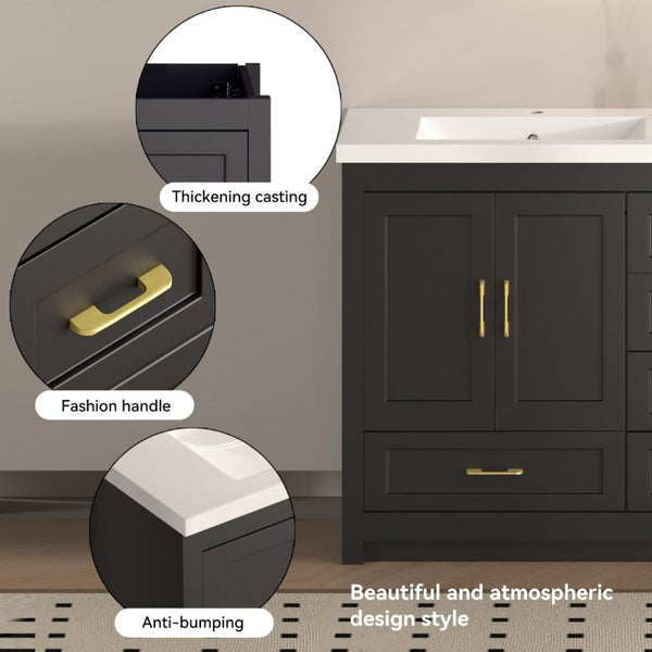 English Elm 60Black Bathroom Vanity Solid Wood MDF Matte Finish 4 Soft Close Doors 6 Drawers Black W3133S00037