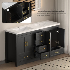 English Elm 60Black Bathroom Vanity Solid Wood MDF Matte Finish 4 Soft Close Doors 6 Drawers Black W3133S00037