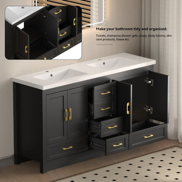 English Elm 60Black Bathroom Vanity Solid Wood MDF Matte Finish 4 Soft Close Doors 6 Drawers Black W3133S00037