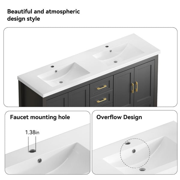 English Elm 60Black Bathroom Vanity Solid Wood MDF Matte Finish 4 Soft Close Doors 6 Drawers Black W3133S00037