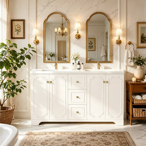 English Elm 60 Inch French Carved Bathroom Vanity Cabinet with Soft Close Doors and Gold Hardware W3133S00038