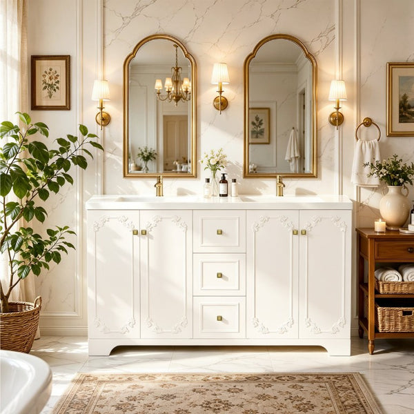 English Elm 60 Inch French Carved Bathroom Vanity Cabinet with Soft Close Doors and Gold Hardware W3133S00038
