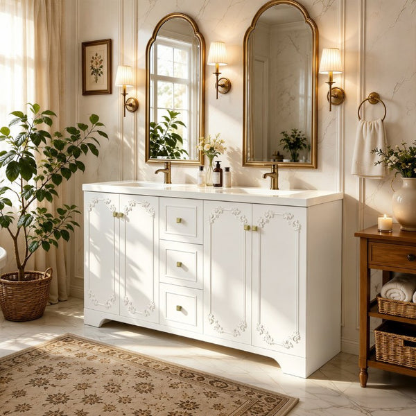 English Elm 60 Inch French Carved Bathroom Vanity Cabinet with Soft Close Doors and Gold Hardware W3133S00038