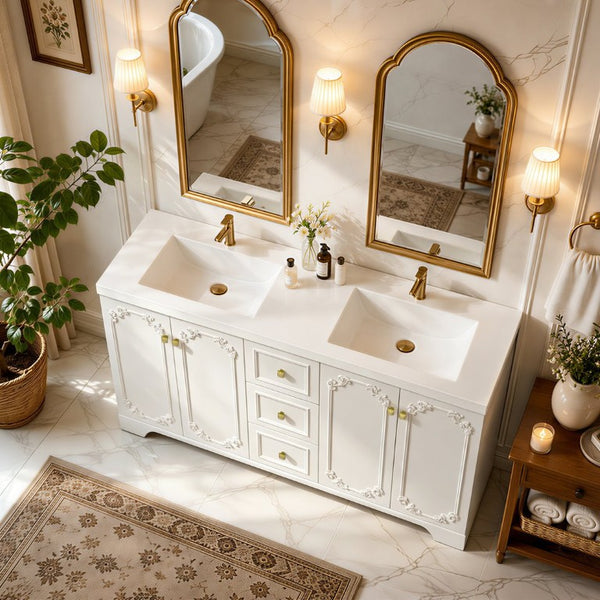 English Elm 60 Inch French Carved Bathroom Vanity Cabinet with Soft Close Doors and Gold Hardware W3133S00038